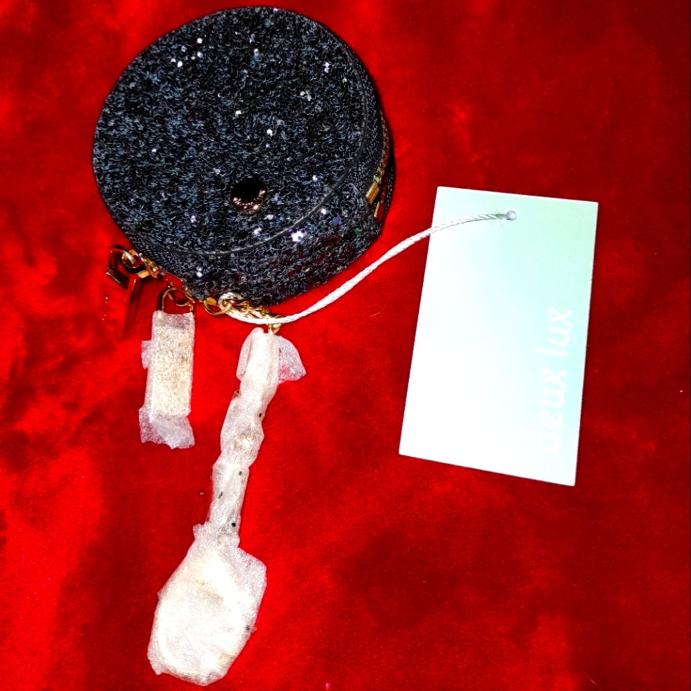 New with Tags! Deux Lux Black Sparkly Double Coin Purse & Keychain.